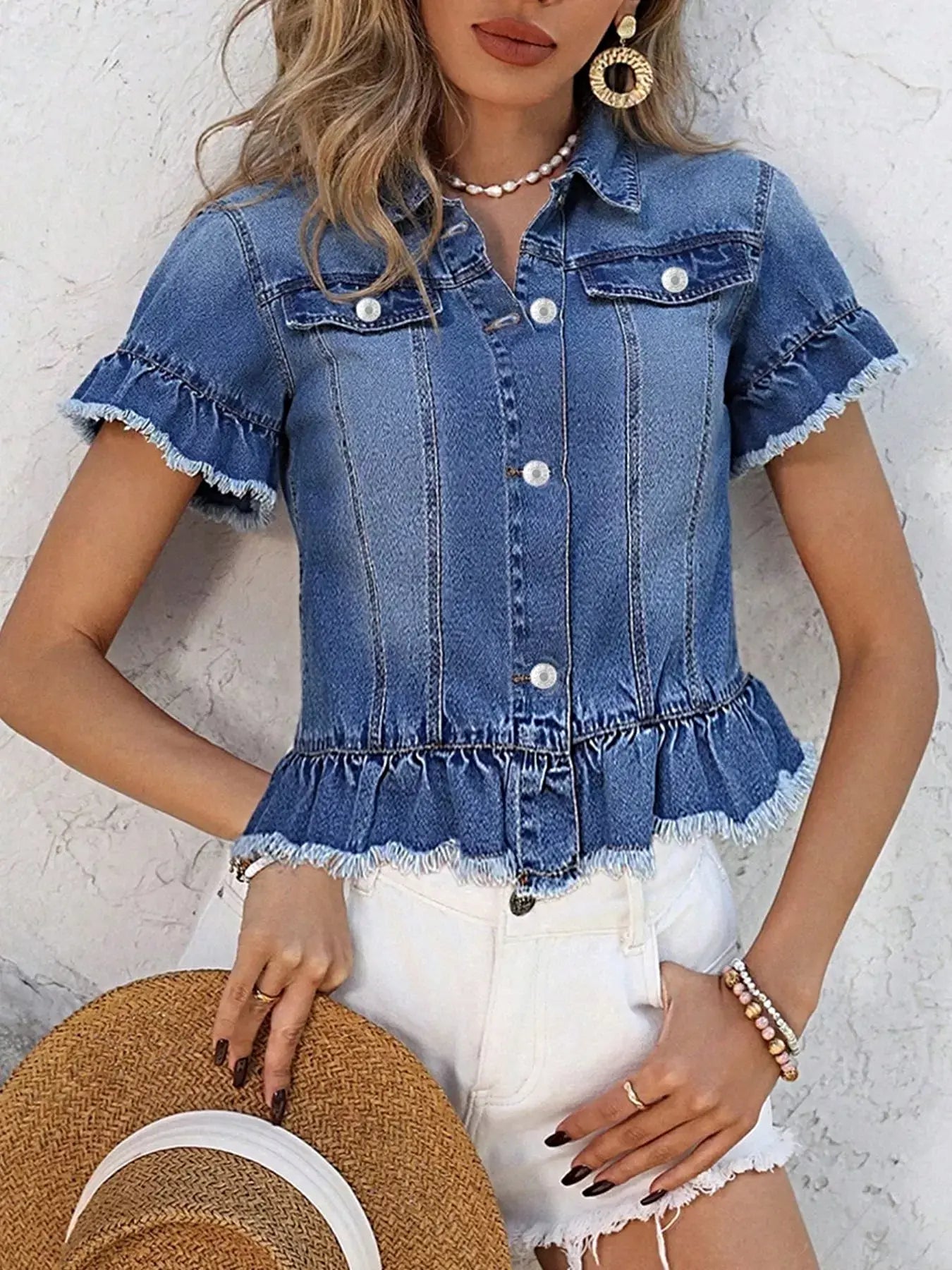 Ruffle Hem Short Sleeve Denim Jacket -