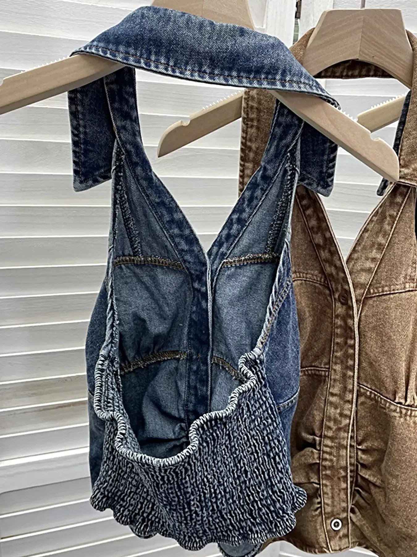 Smocked Denim Halter Collar Top -