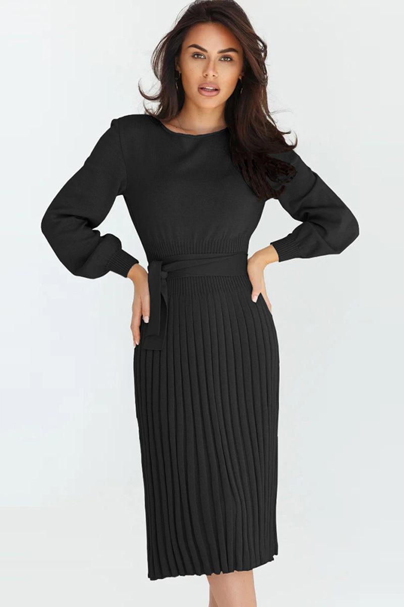 Round Neck Long Sleeve Pleated Sweater Dress -