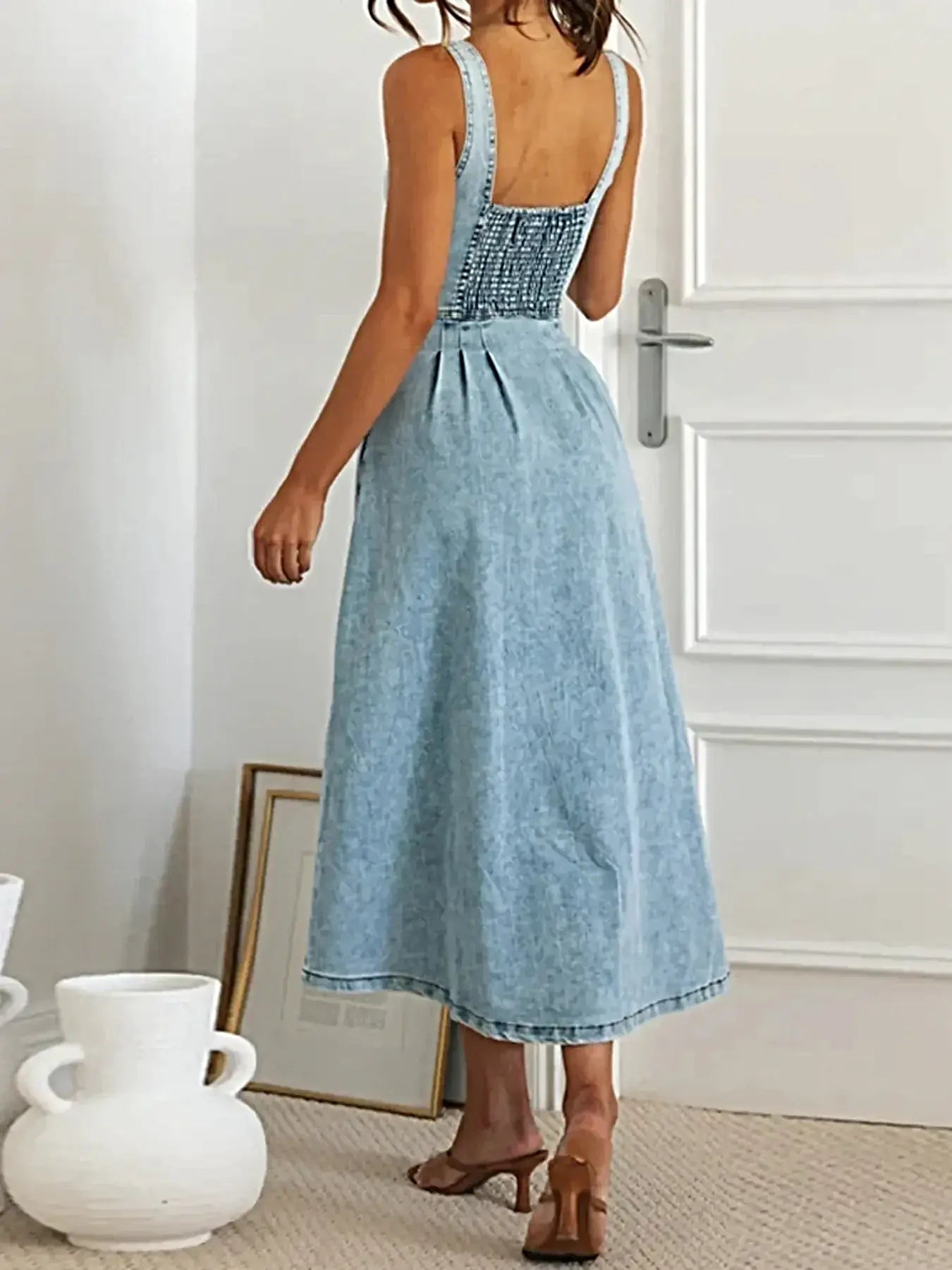 Sweetheart Neck Button-Front Midi Denim Dress -