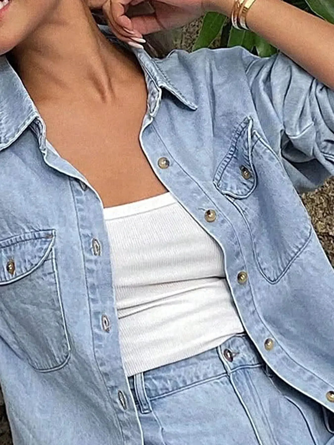 Button Up Long Sleeve Shirt and Shorts Denim Set -