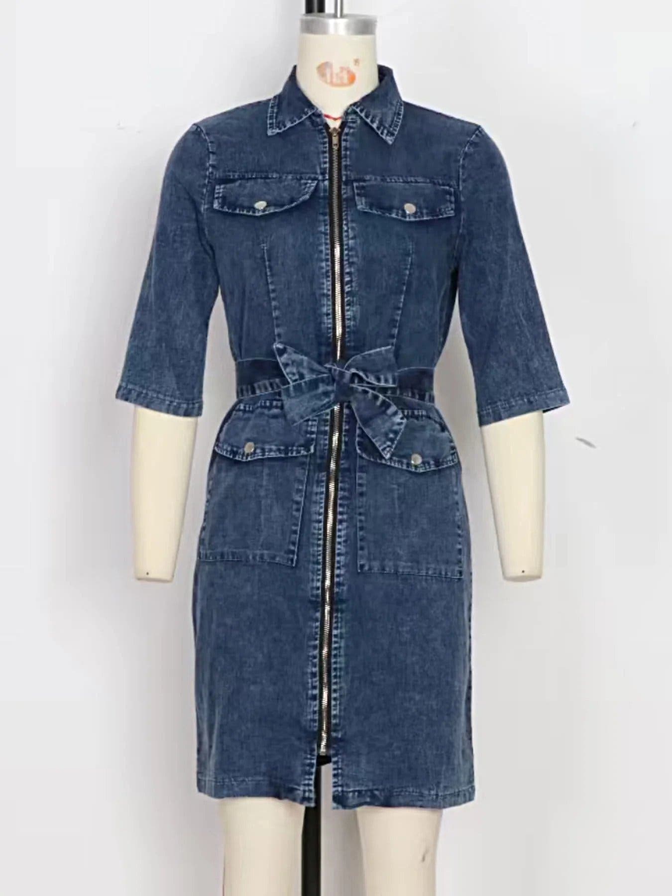 Zipper Front Short Sleeve Denim Dress -