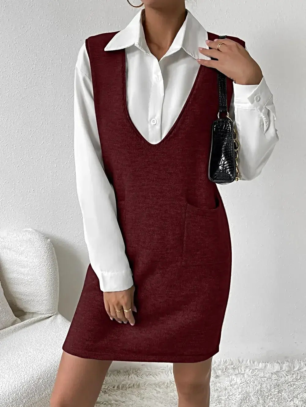 V-Neck Sleeveless Sweater Dress with Pockets -
