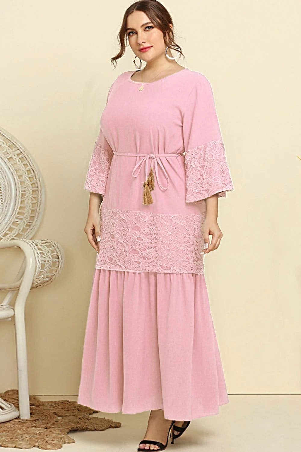 Plus Size Spliced Lace Tassel Belted Dress -