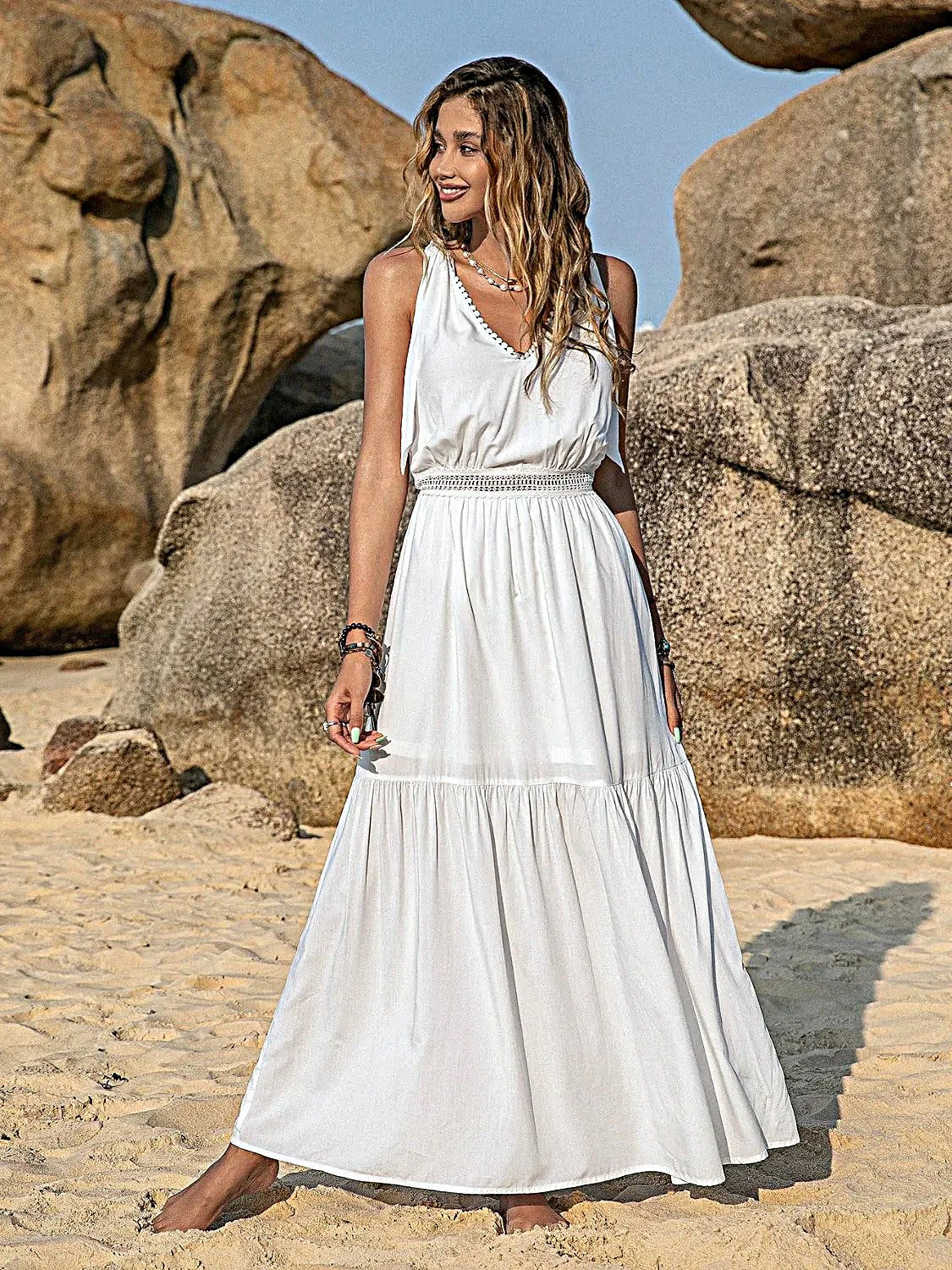 V-Neck Tie Shoulder Crochet Maxi Dress -