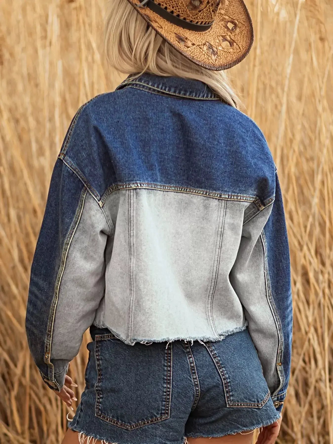 Color Block Patchwork Raw Hem Denim Jacket -