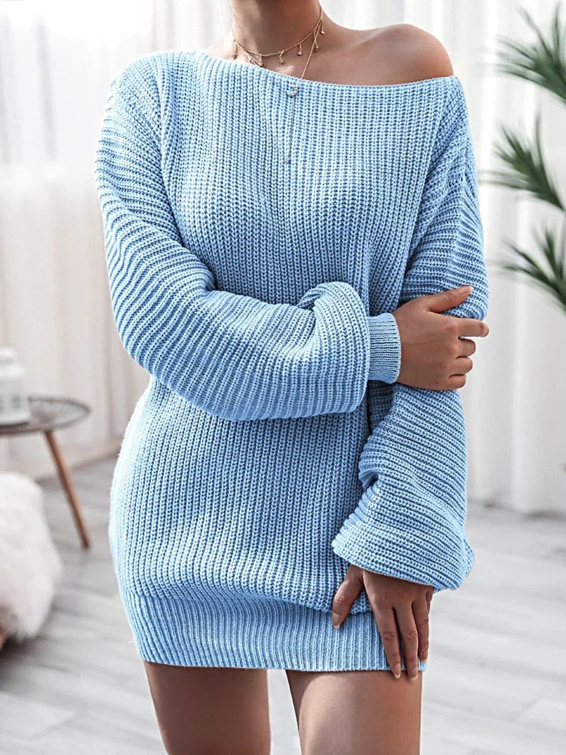 Rib-Knit Mini Sweater Dress -