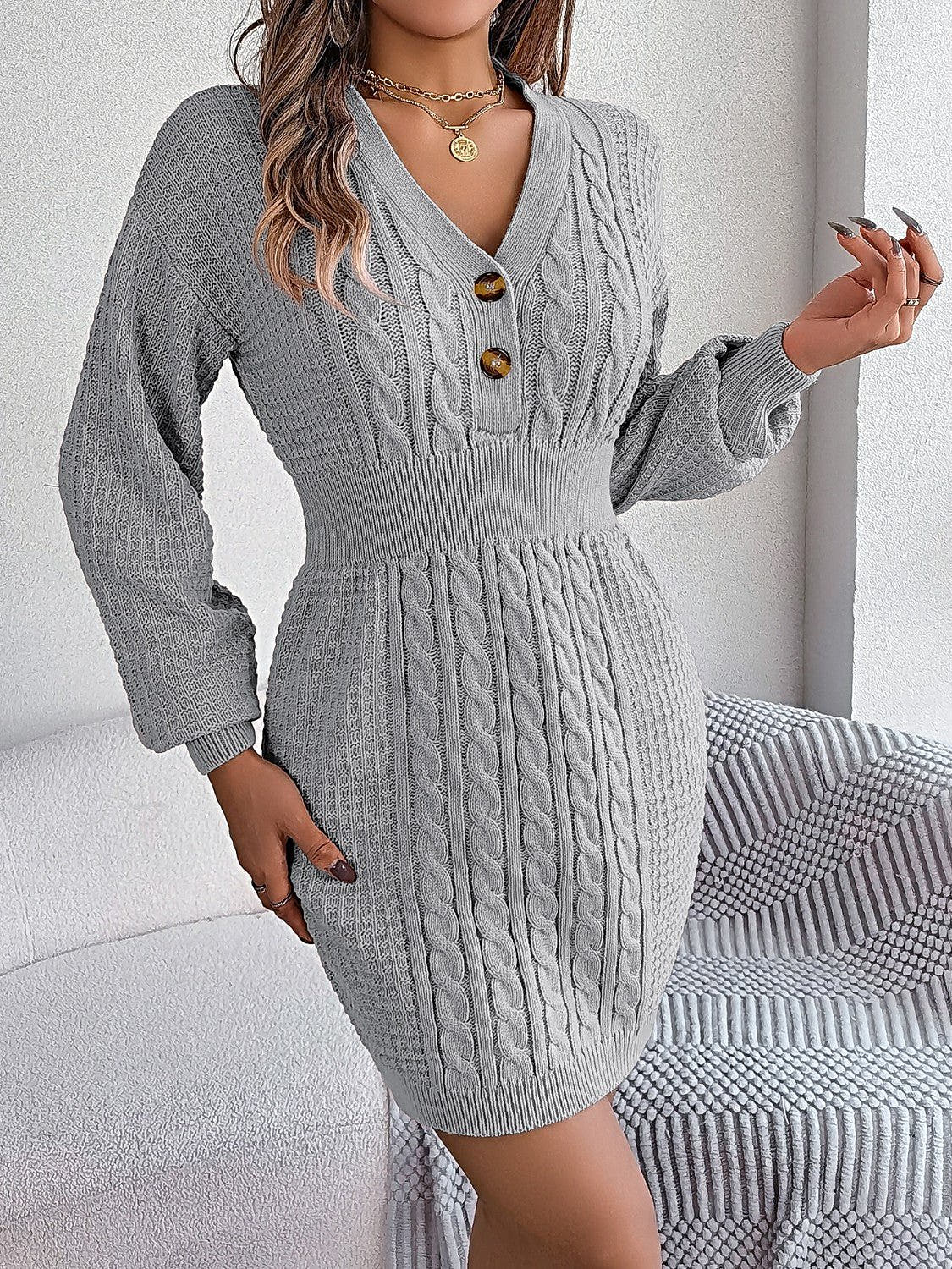 Elegant Buttoned Cable-Knit Dress with V-Neck, Moderate Stretch - 100% Acrylic Trendsi
