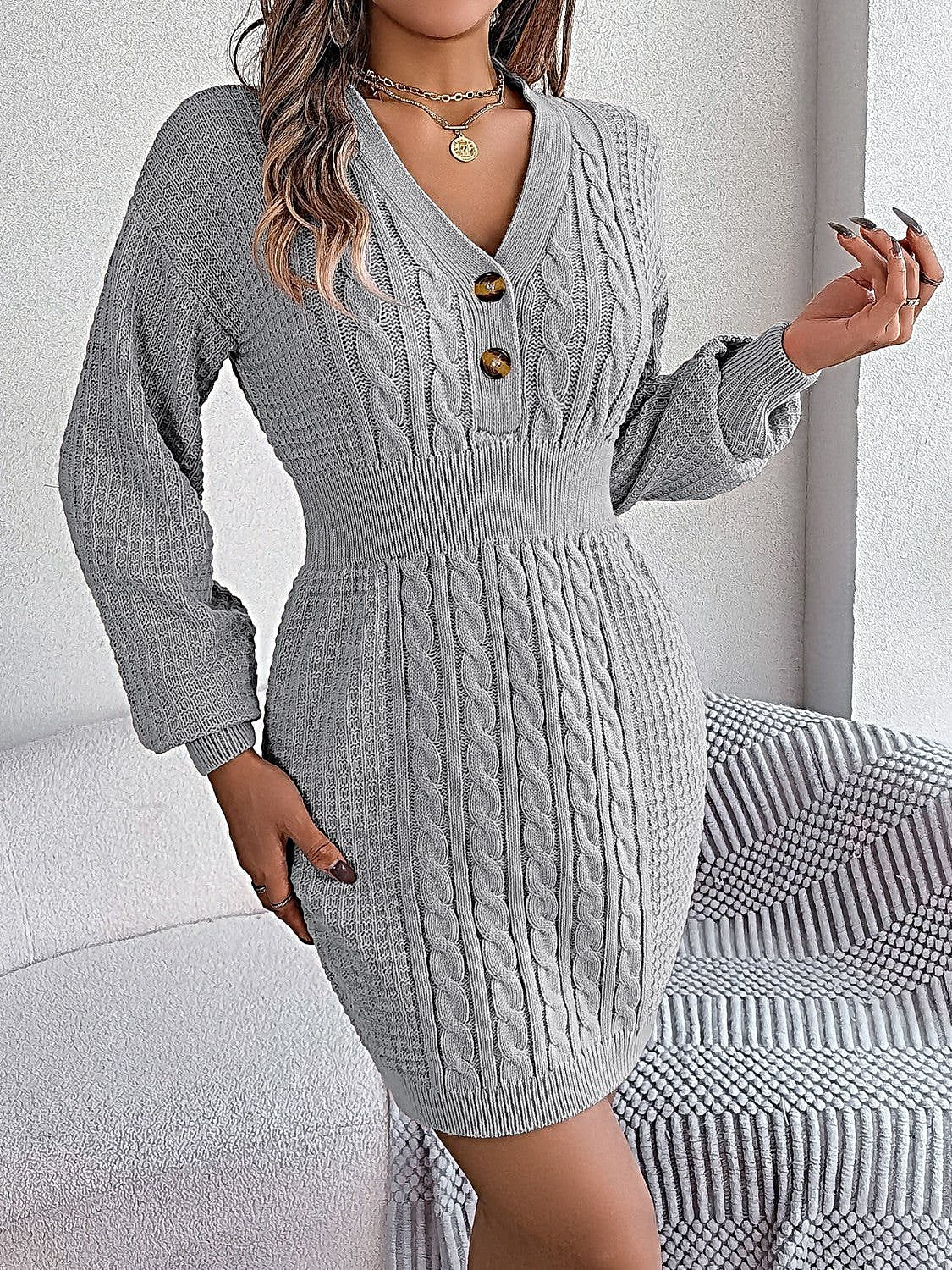 Elegant Buttoned Cable-Knit Dress with V-Neck, Moderate Stretch - 100% Acrylic -