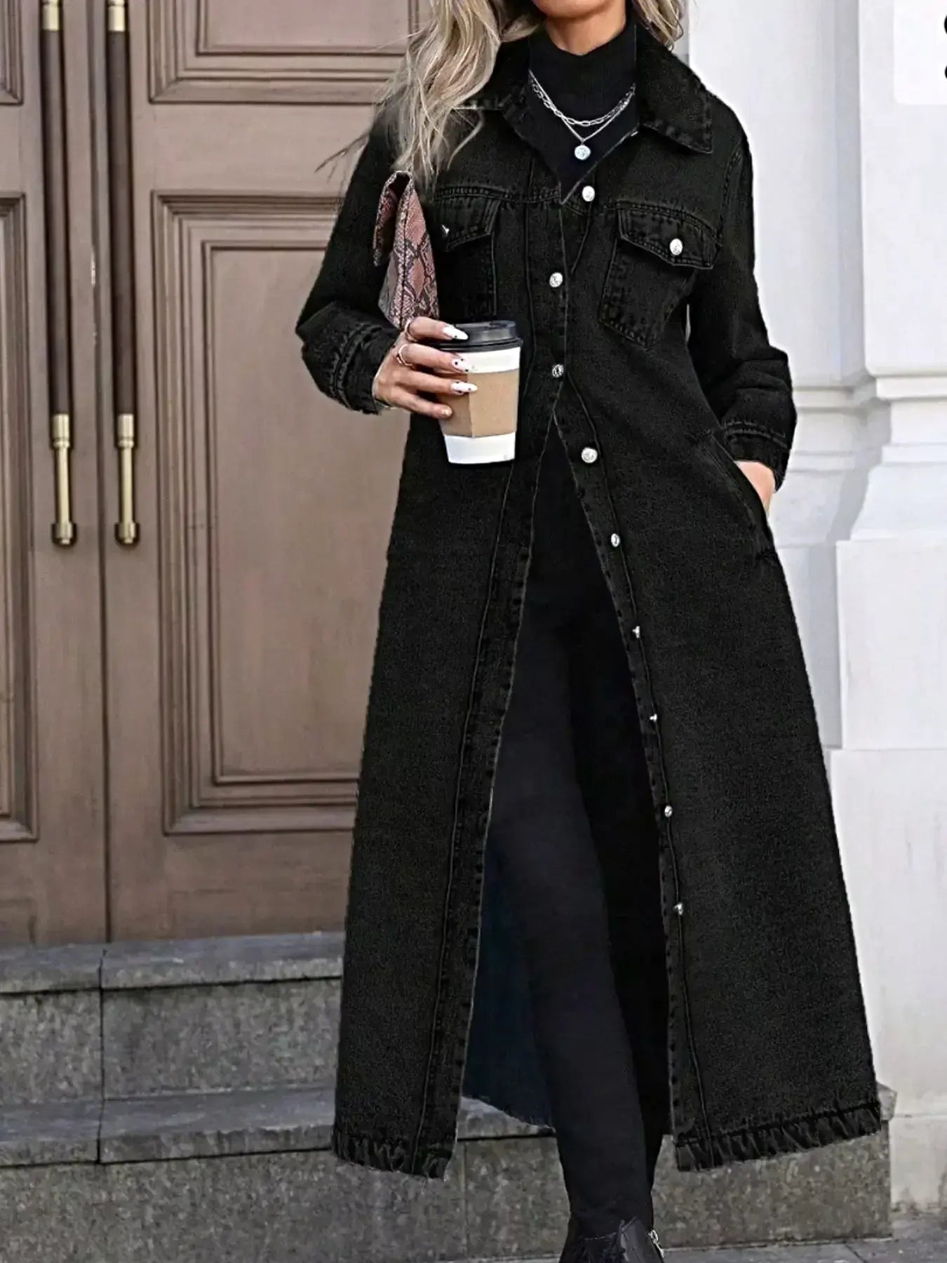 Longline Button-Front Denim Coat -