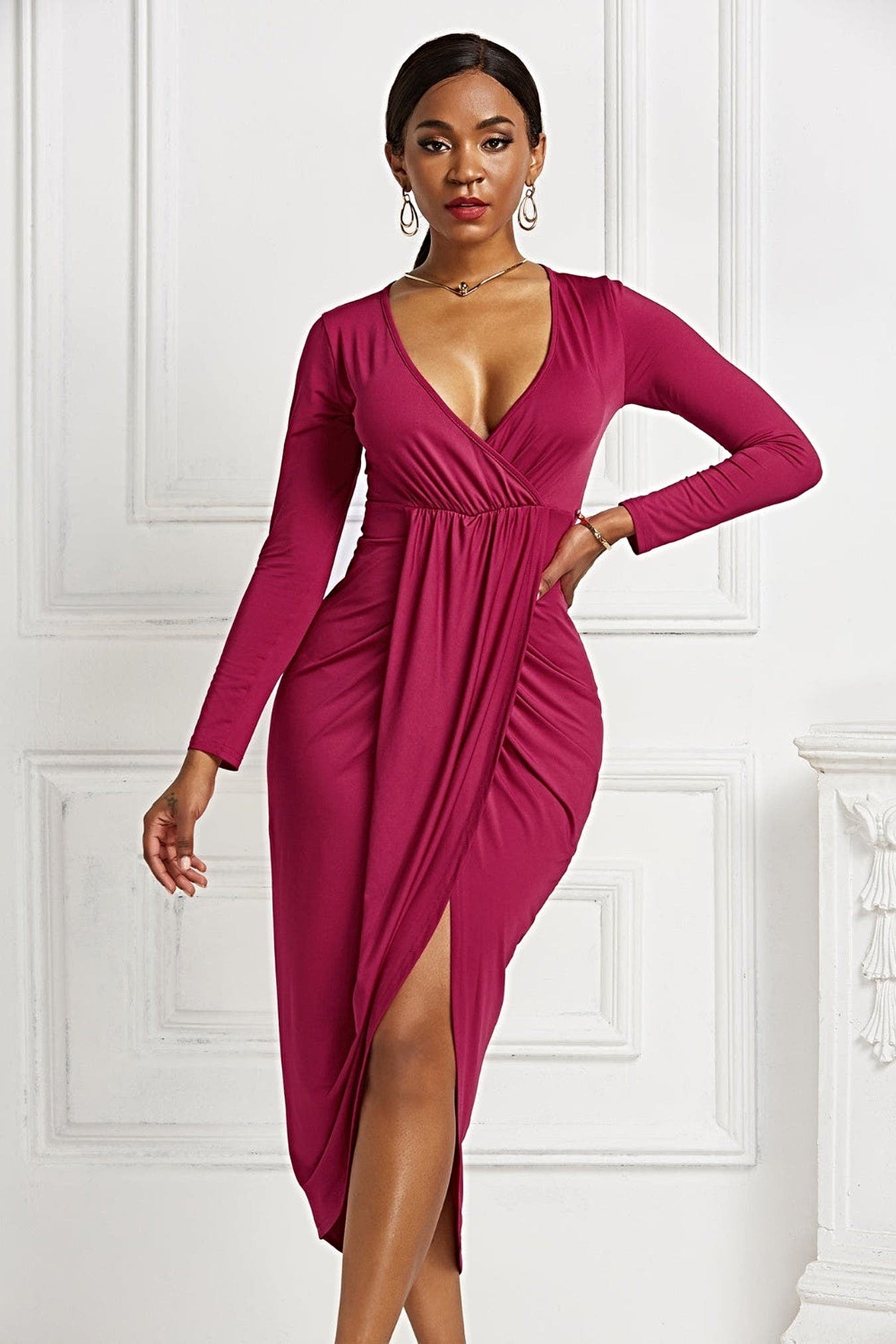 High-low Ruched Surplice Long Sleeve Dress -