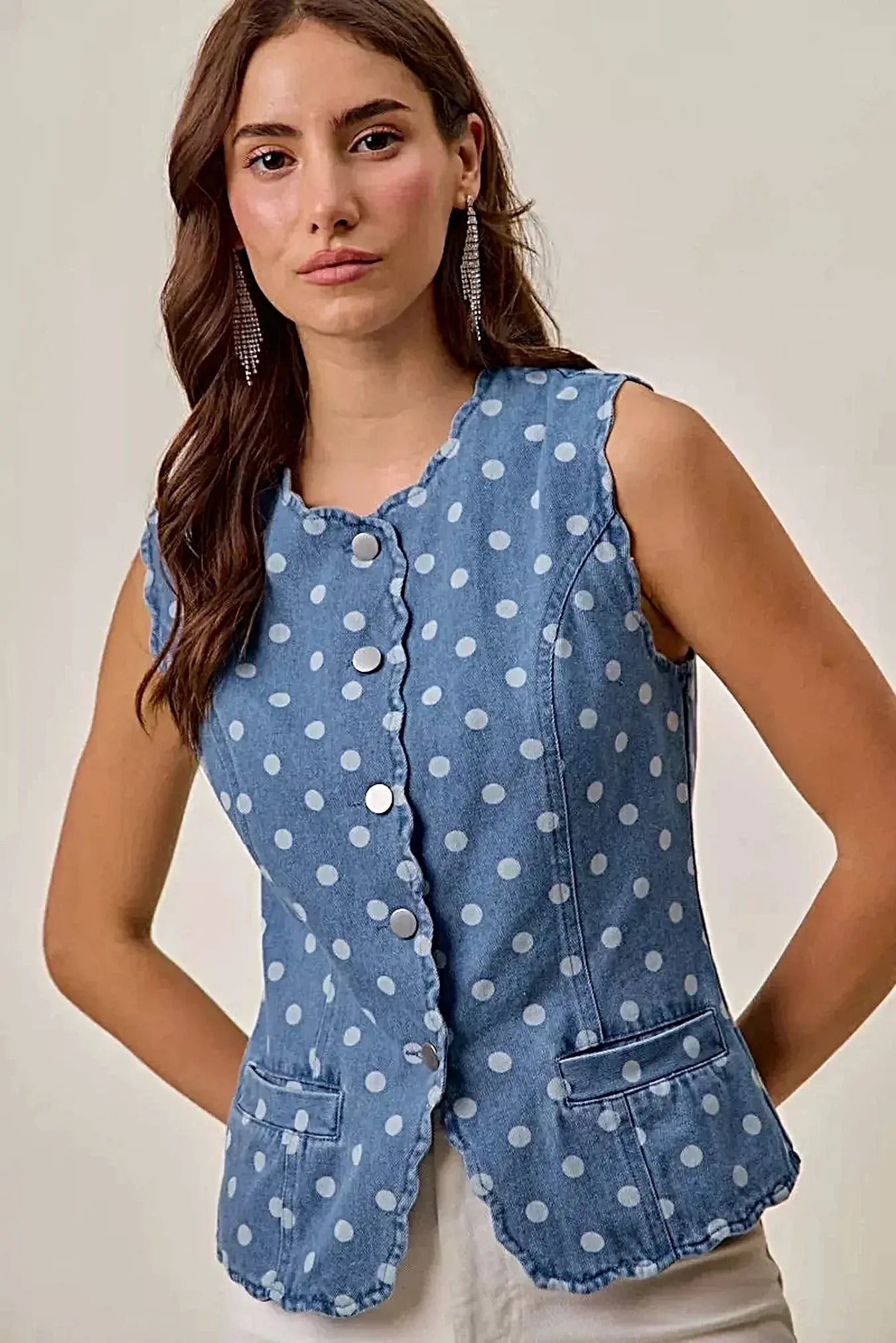 SO ME Polka Dot Denim Scallop Edge Button Down Vest Top -