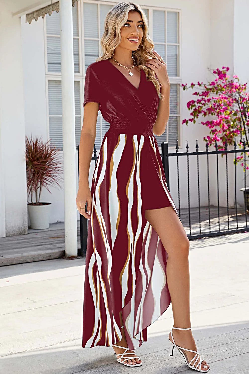 Sleek Smocked Surplice Dress With High-Low Hemline - Opaque, Slightly Stretchy, Imported Elegance Trendsi