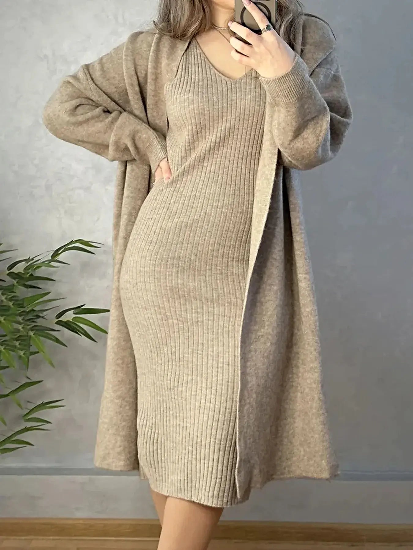 V-Neck Cami Dress and Open Front Cardigan Sweater Set -