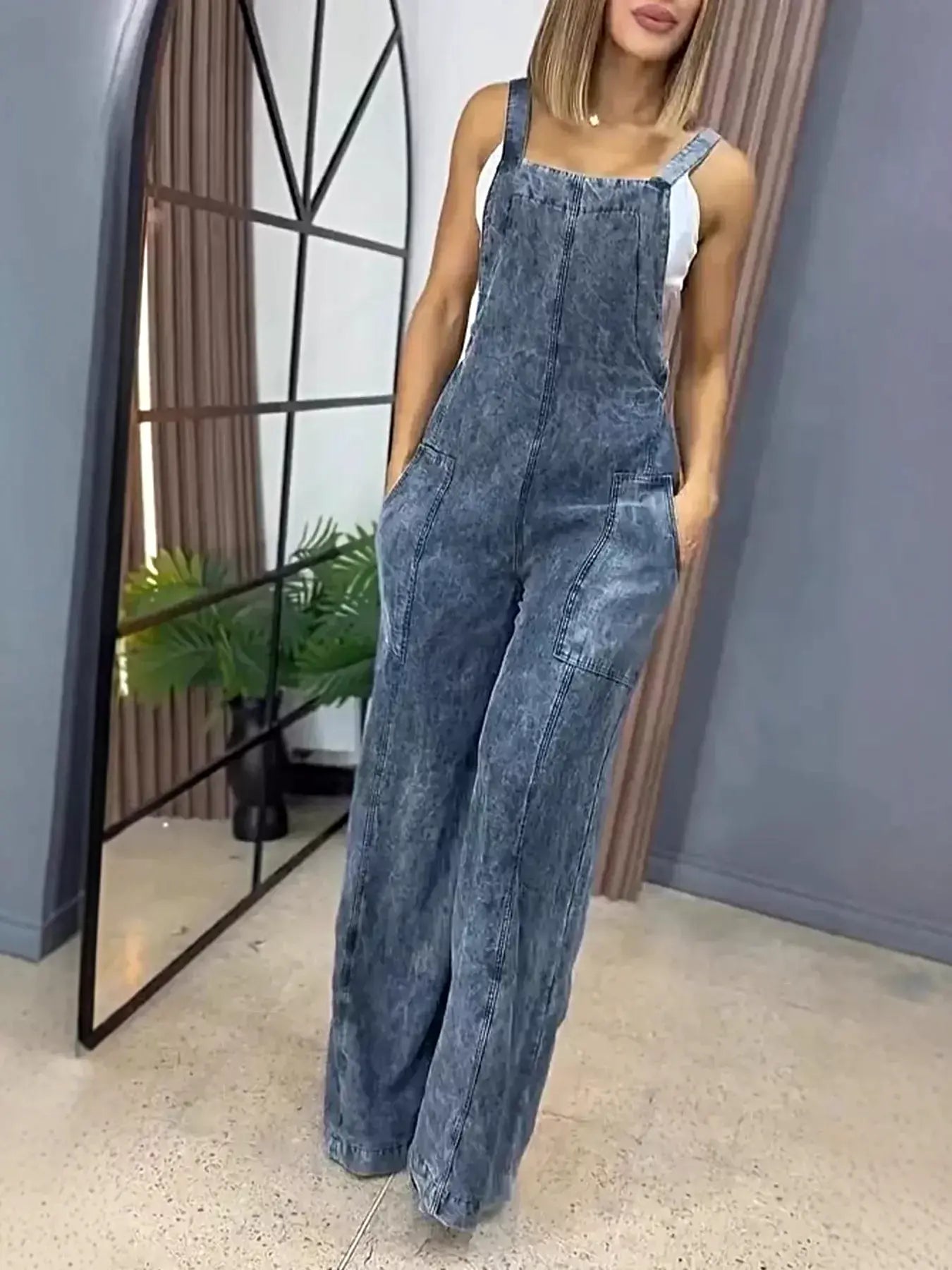 Full Size Vintage Wash Wide Leg Denim Overalls Plus Size -