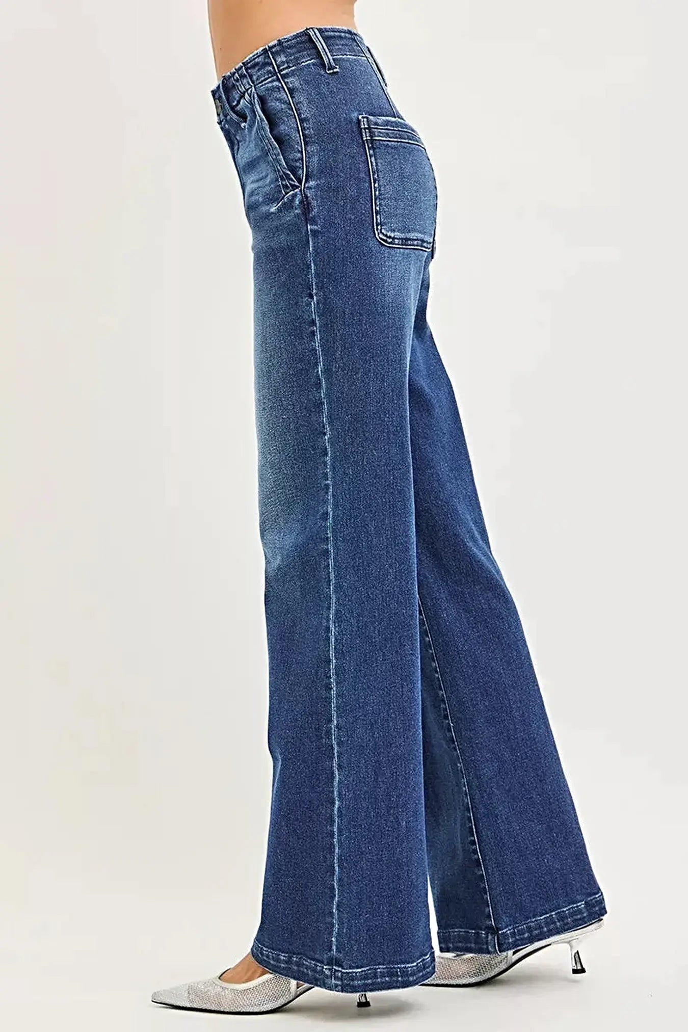 RISEN High Rise Wide Leg Slanted Pocket Jeans -