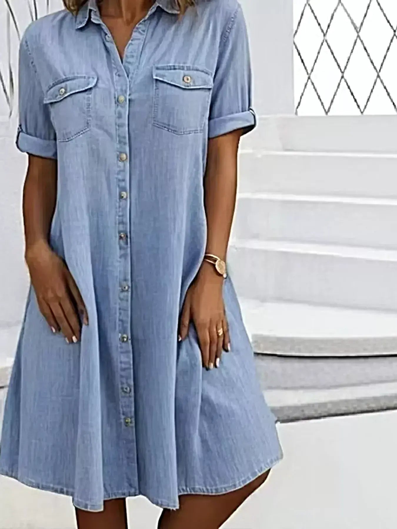 Full Size Button-Front Short Sleeve Denim Dress Plus Size -