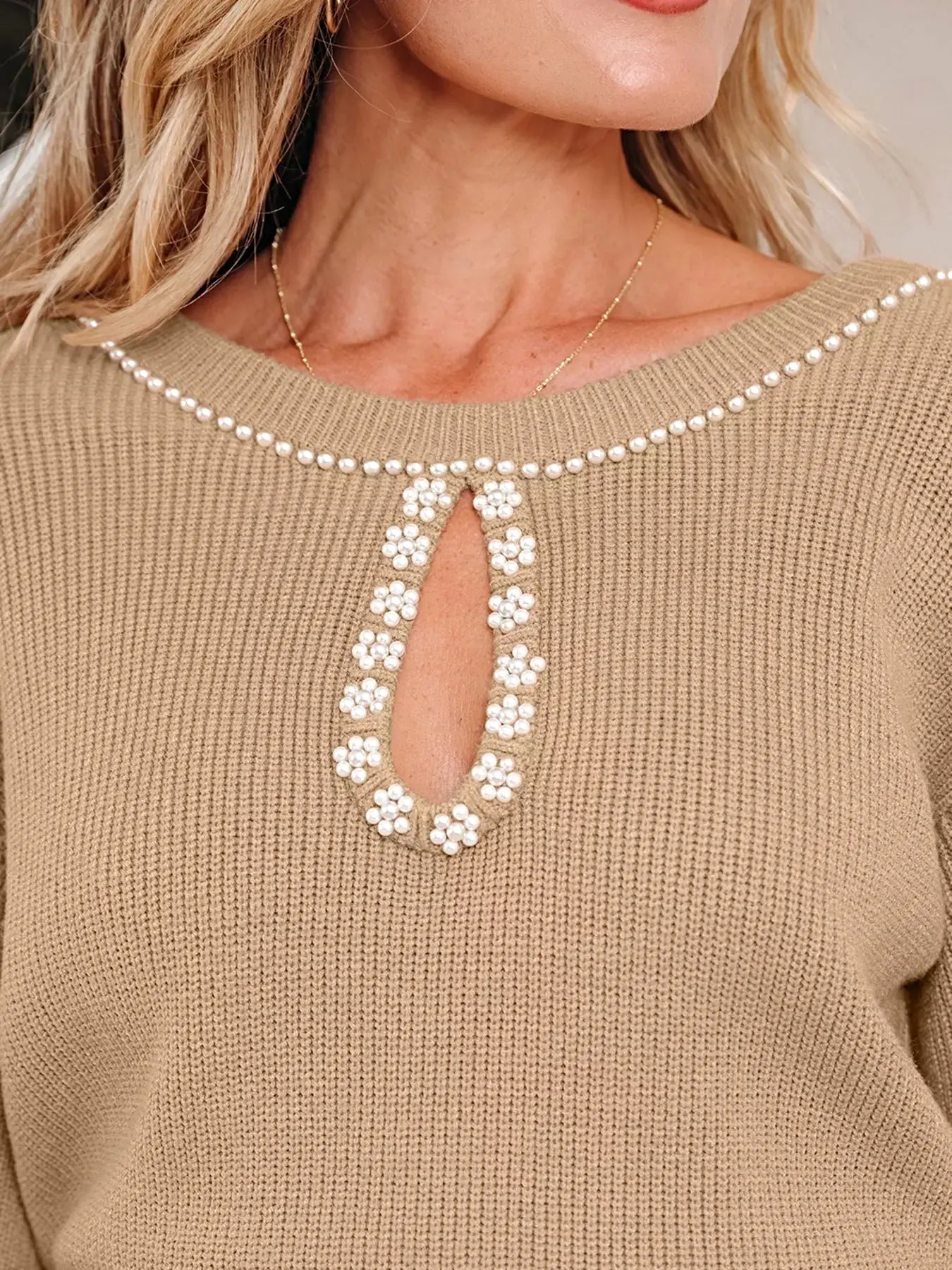 Pearl Embellished Keyhole Ribbed Sweater Dress -