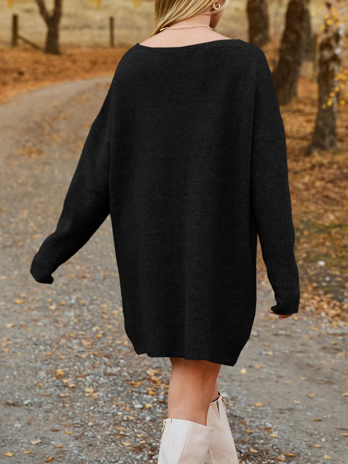 V-Neck Dropped Shoulder Sweater Dress -