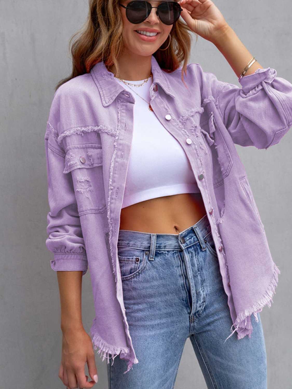 Distressed Drop Shoulder Denim Jacket -