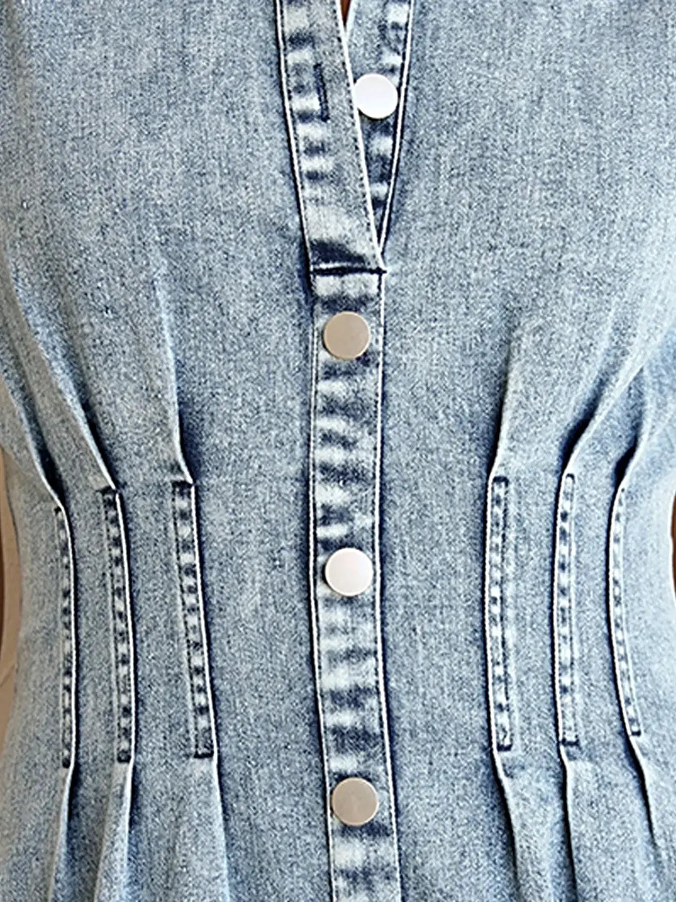 Puff Sleeve Button Front Denim Midi Dress -