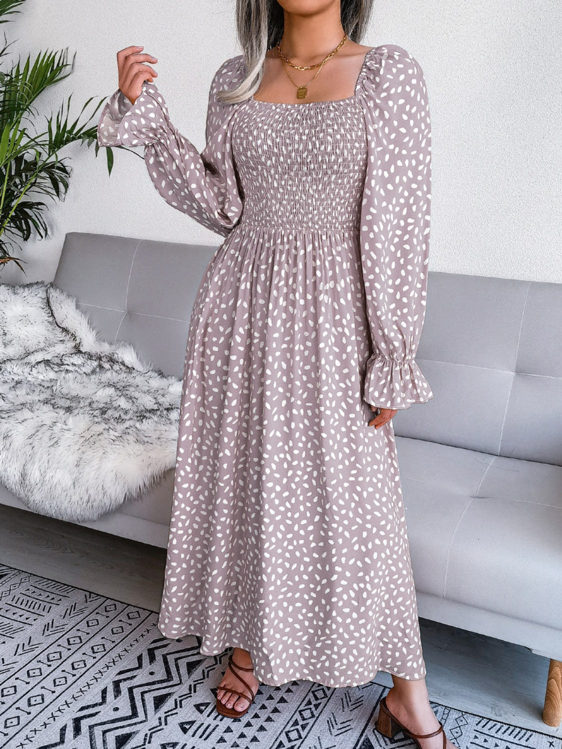 Smocked Square Neck Flounce Sleeve Dress -