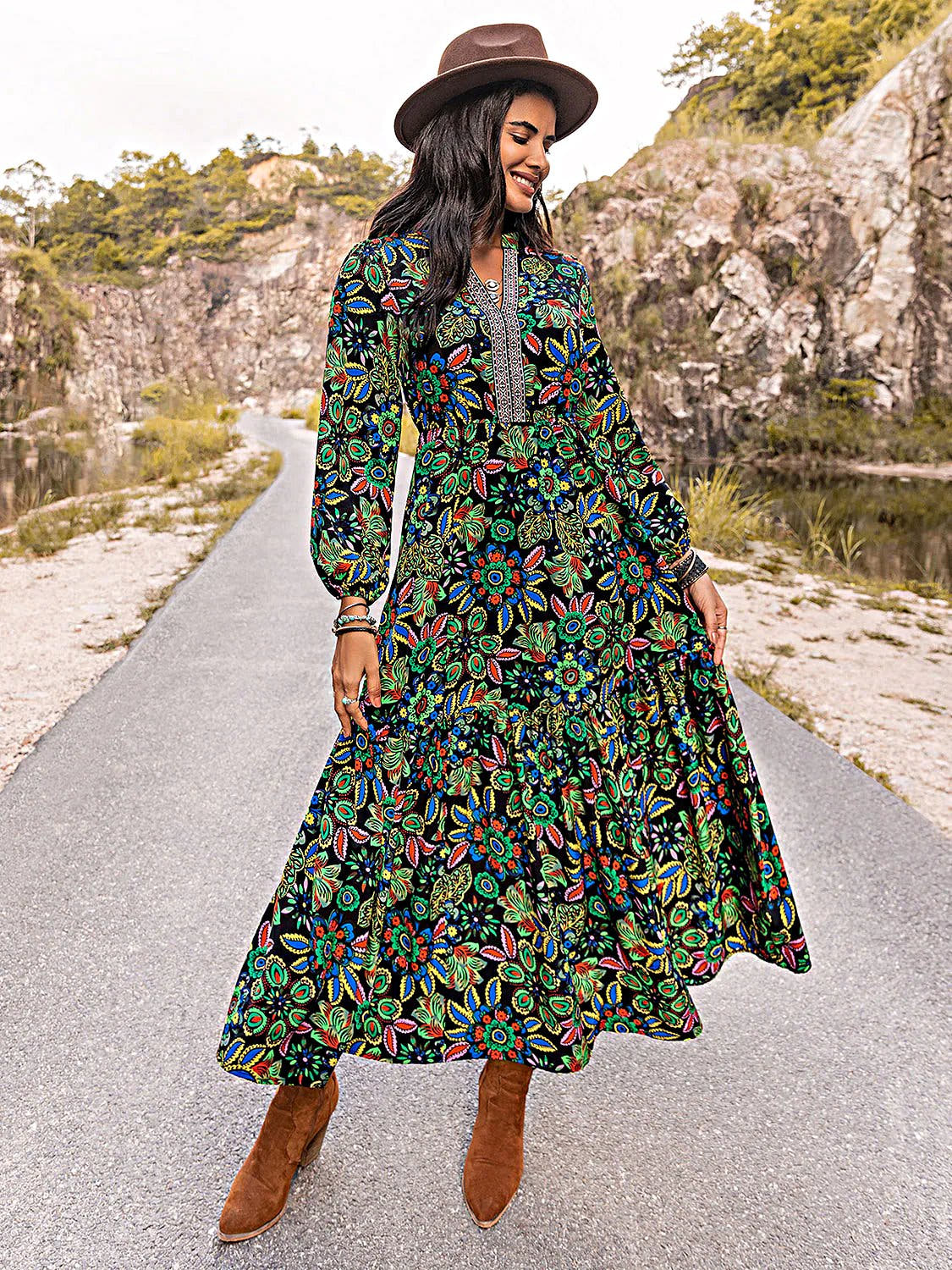 Printed Notched Neck Maxi Dress -