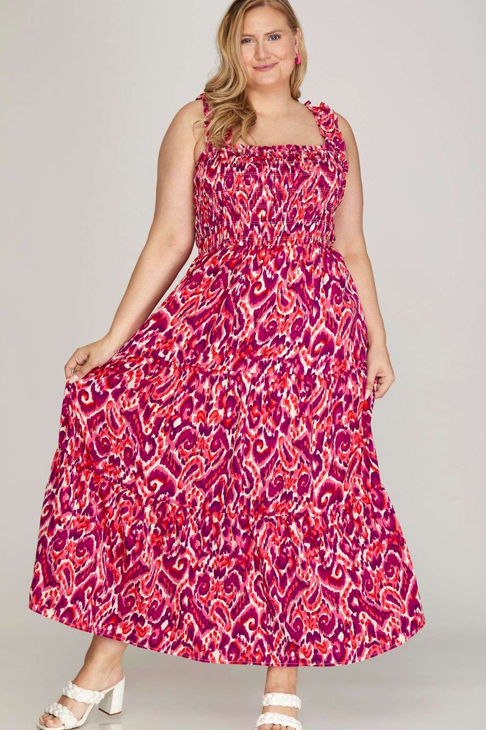 She + Sky Full Size Smocked Printed Wide Strap Tiered Dress Plus Size Trendsi