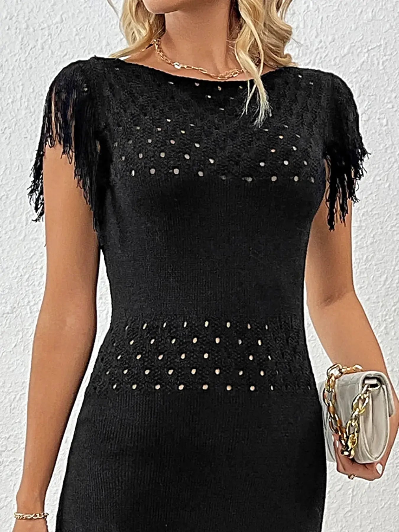 Fringe Crochet Boat Neck Sweater Dress -