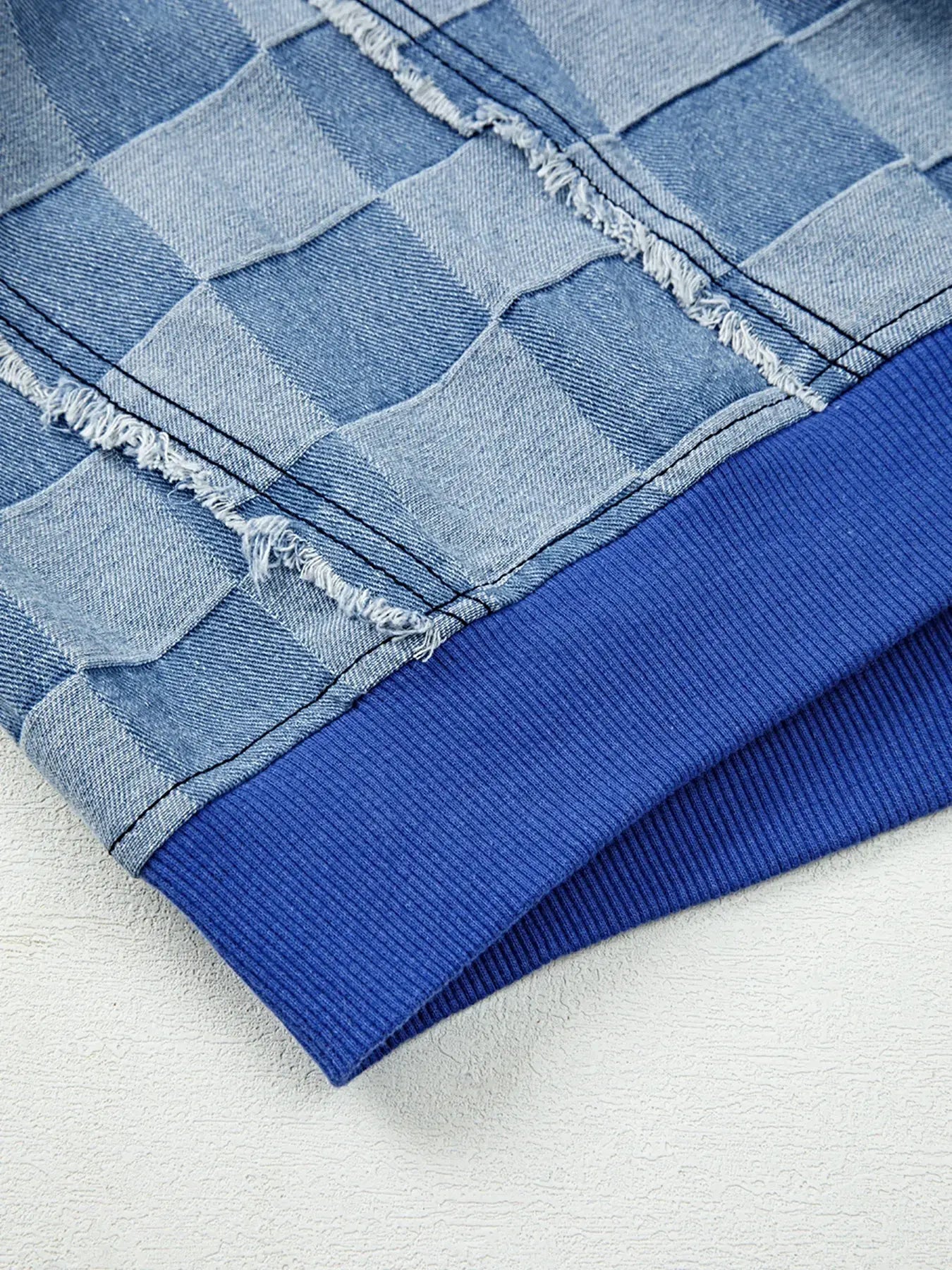 Checkerboard Splicing Raw Detail Oversized Denim Top -