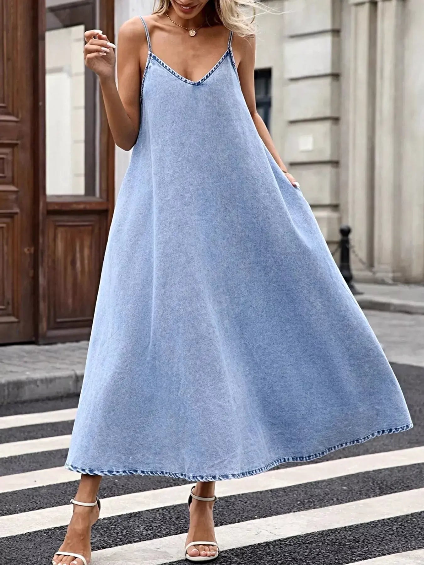 V-Neck Denim Cami Dress -
