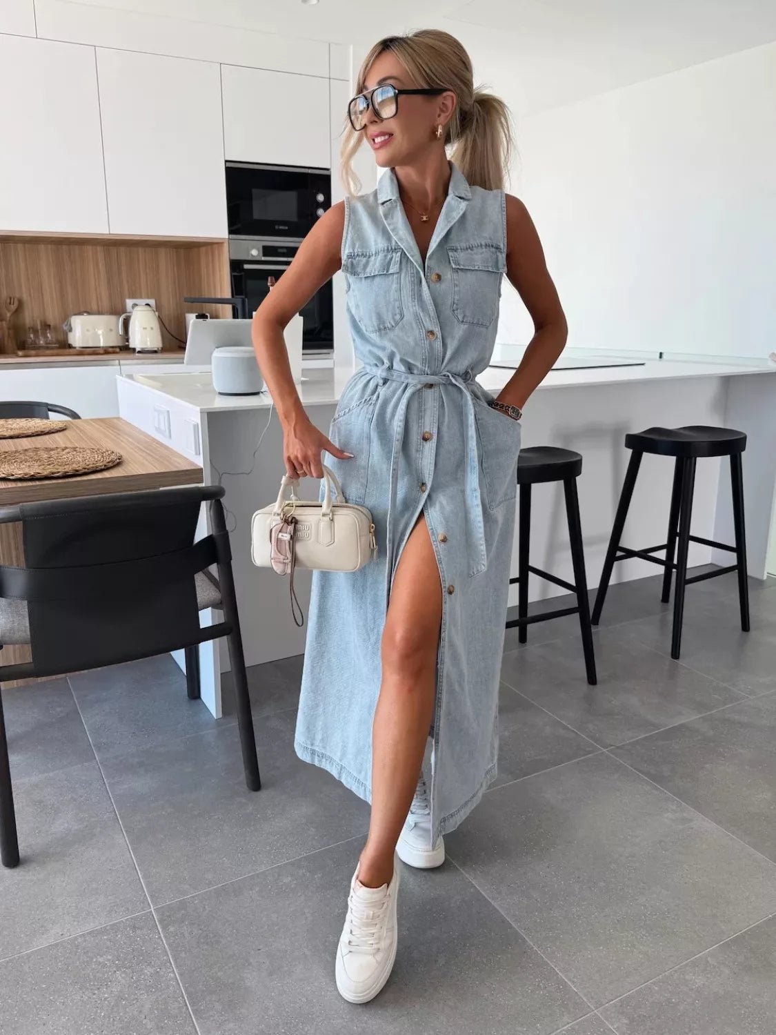 Button Front Sleeveless Denim Dress -