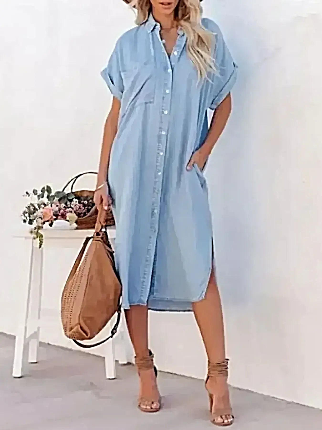 Button Down Denim Midi Shirt Dress -