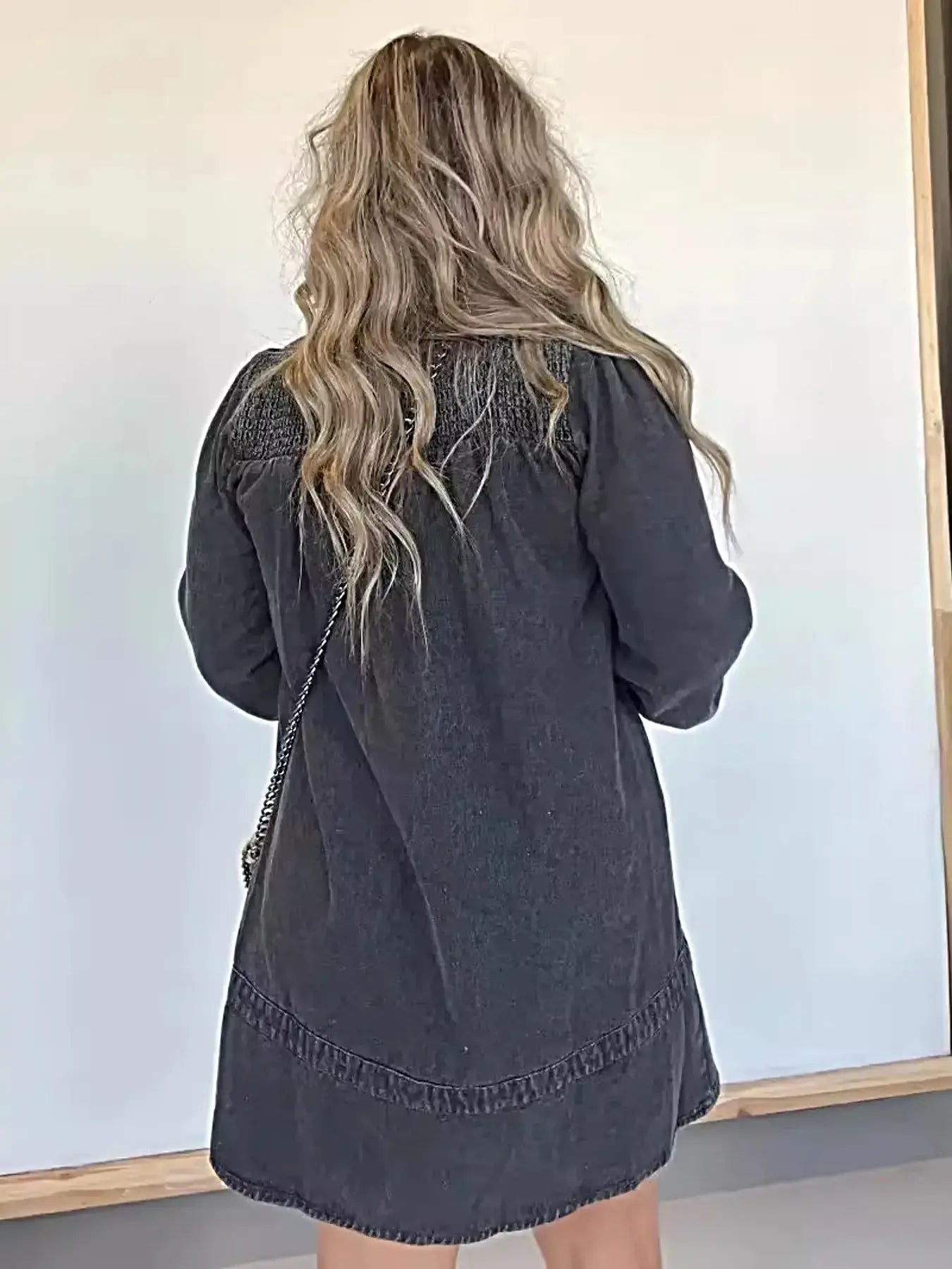 Elegant Plus Size Long Sleeve Denim Dress with Button Front and Smocked Detail -