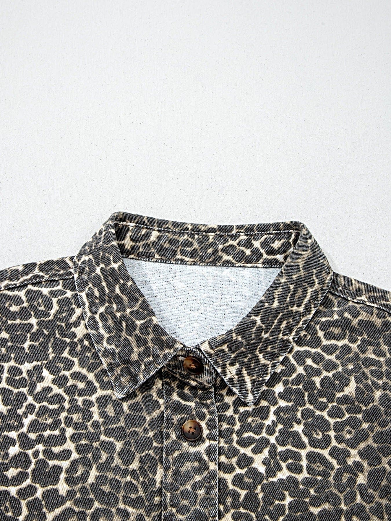 Leopard Print Short Sleeve Denim Shirt -