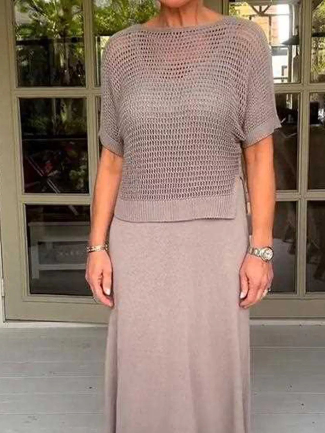 Full Size Openwork Knit Cover Up and Dress Set Plus Size -