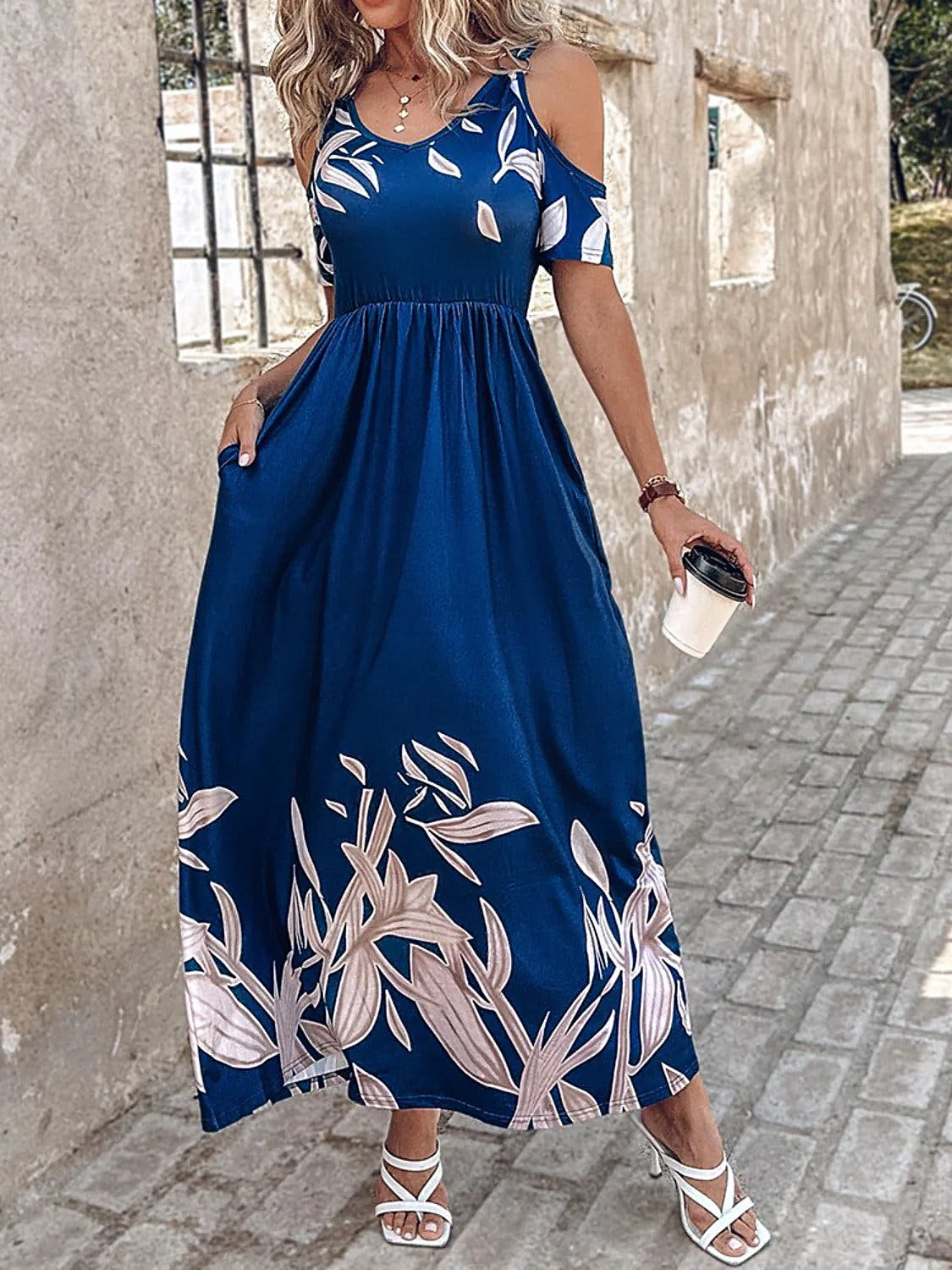Elegant Summer Printed Maxi Dress with Cold Shoulders and Pockets – Opaque and Slightly Stretchy Trendsi