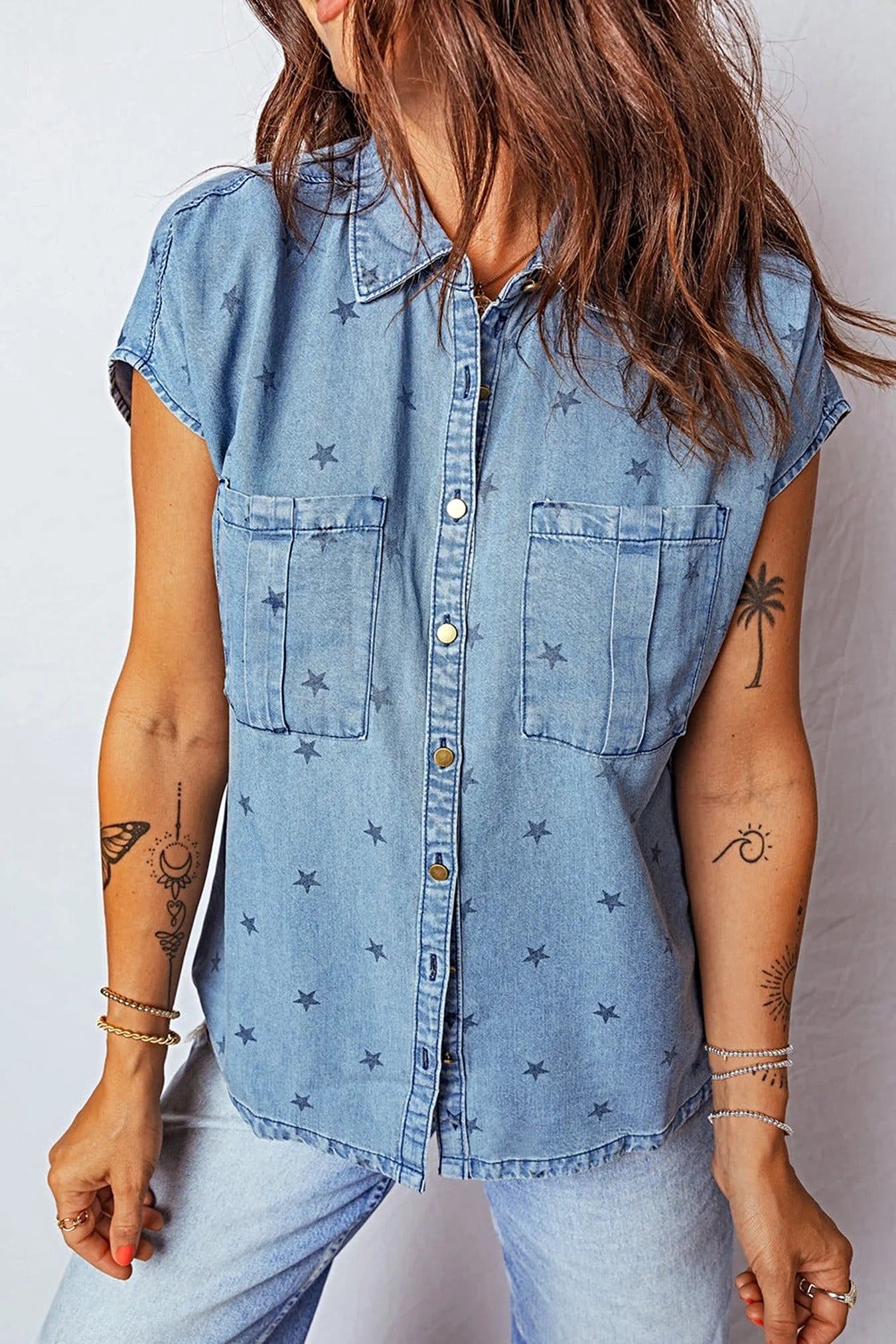 Double Chest Pocket Short Sleeve Denim Shirt -