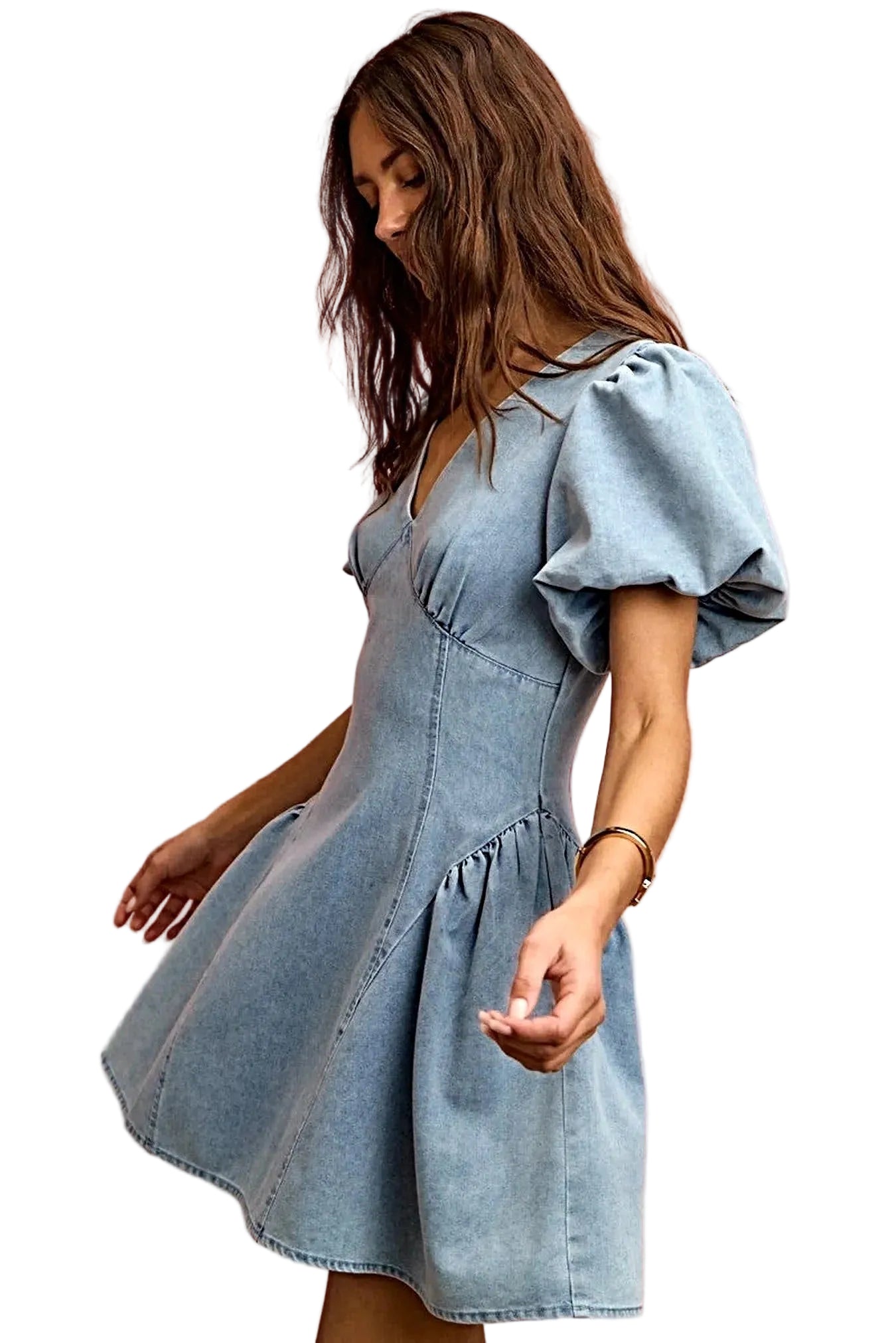 SO ME Bubble Sleeves Denim Fit And Flare Mini Dress -