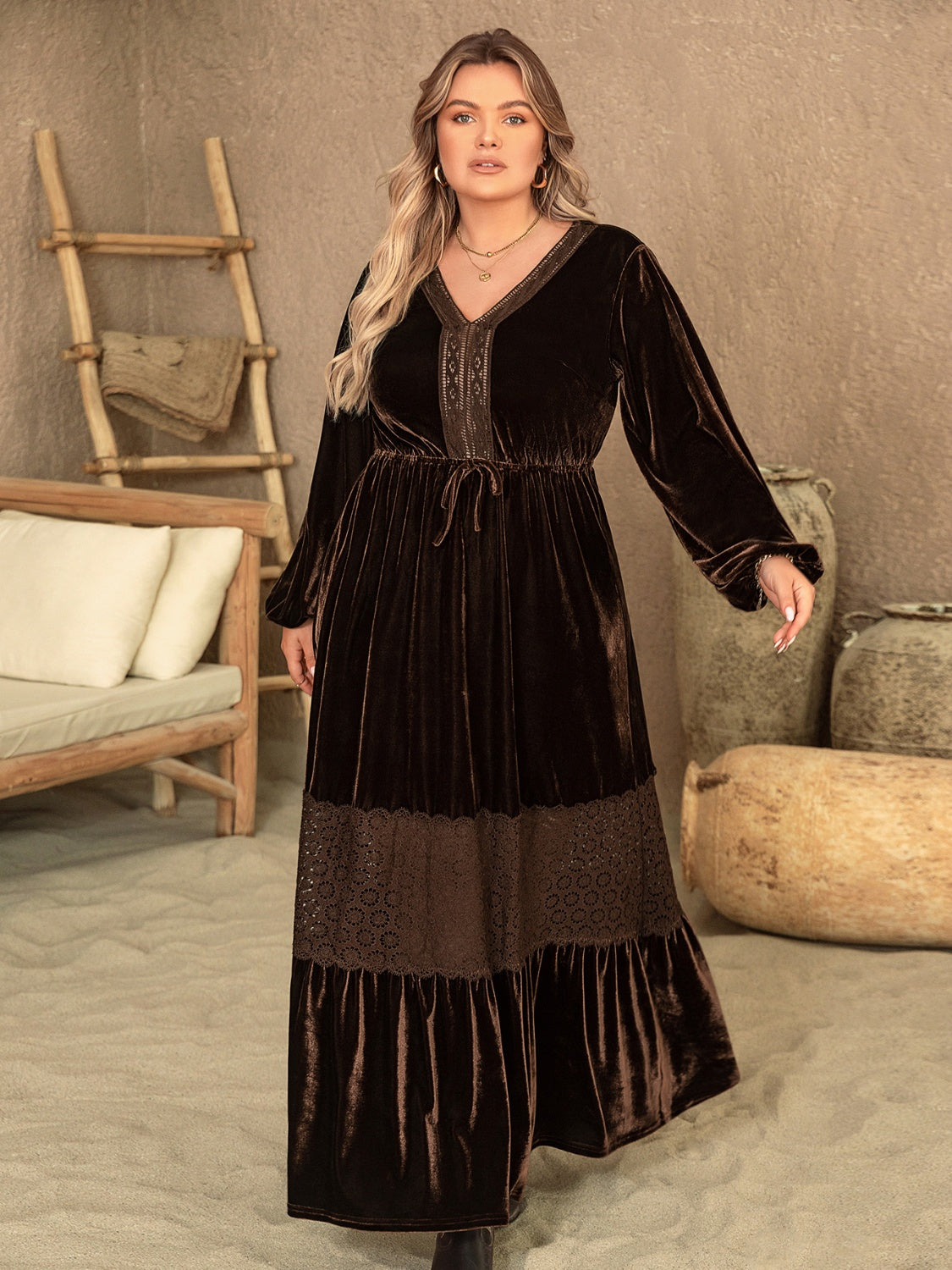 Plus Size V-Neck Balloon Sleeve Maxi Dress Trendsi