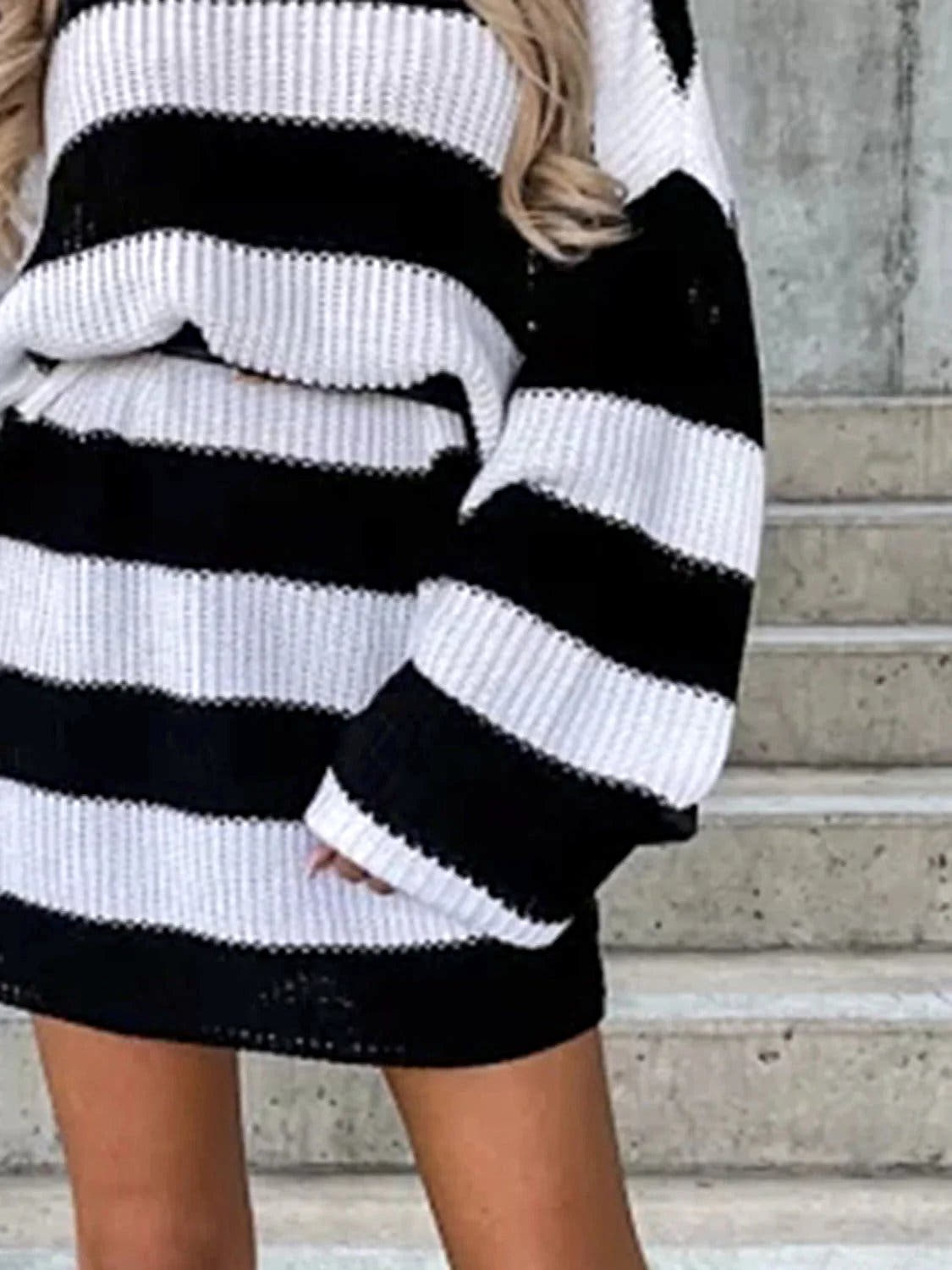 Luxurious Striped Turtleneck Sweater Dress in 100% Polyester – Stylish & Stretchy Fit Trendsi