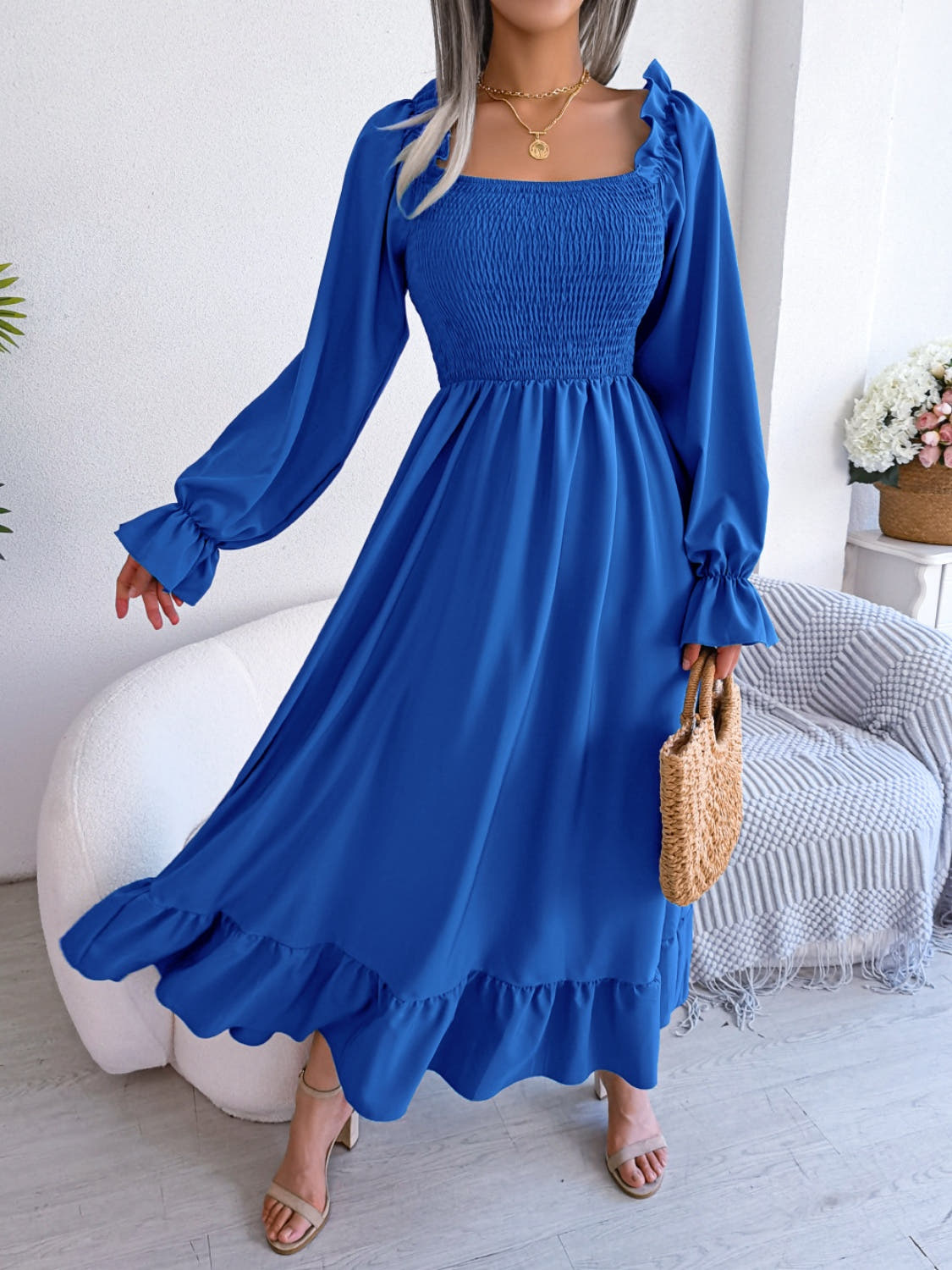 Smocked Square Neck Flounce Sleeve Dress -