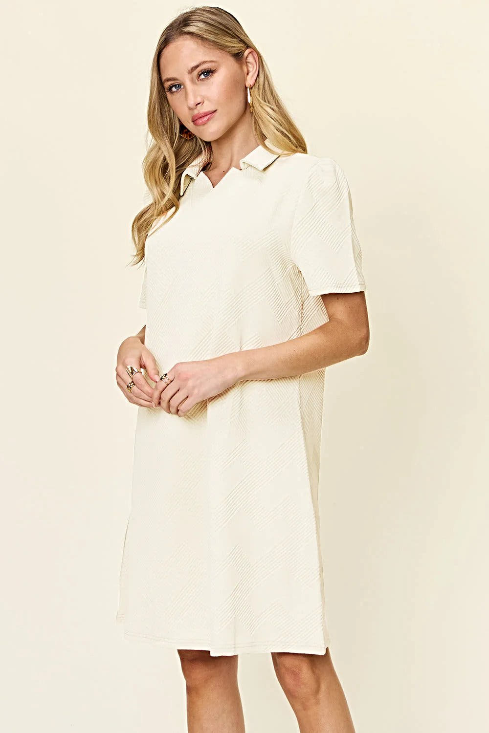 Elegant Double Take Short Sleeve Collar Dress - Textured Opaque Design, Slightly Stretchy, Machine Washable Trendsi