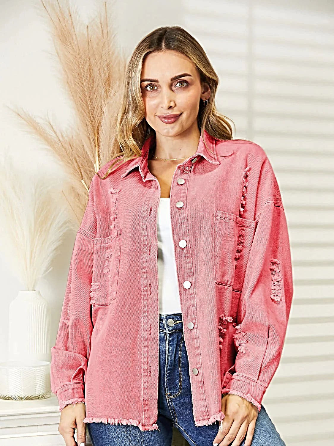 Distressed Raw Hem Denim Jacket -