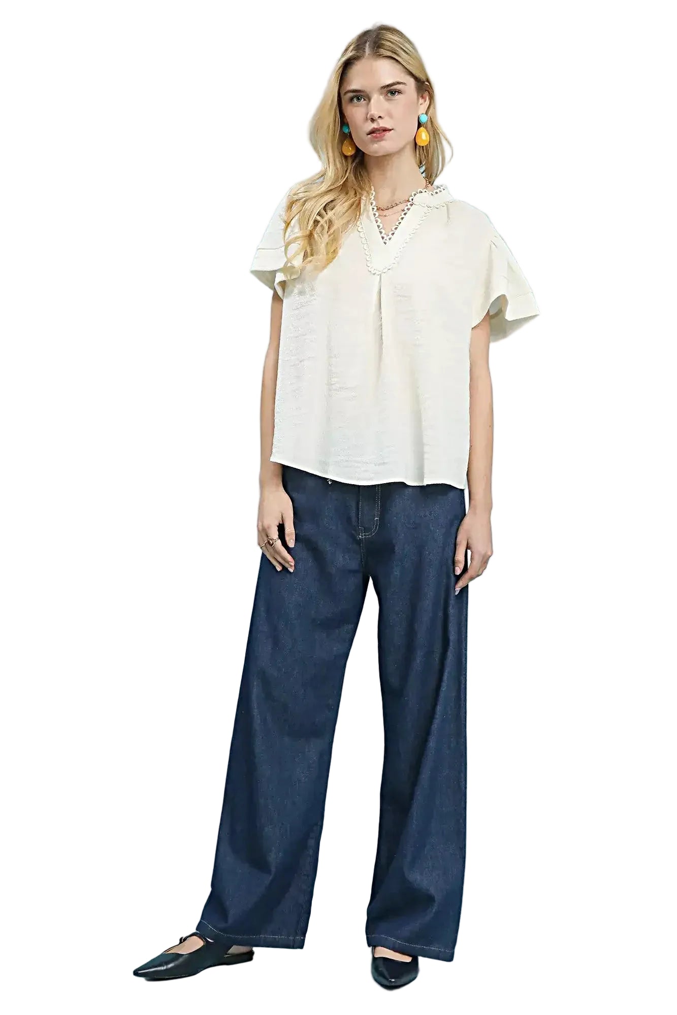 Umgee Seersucker Short Sleeve Top with Lace Trim -