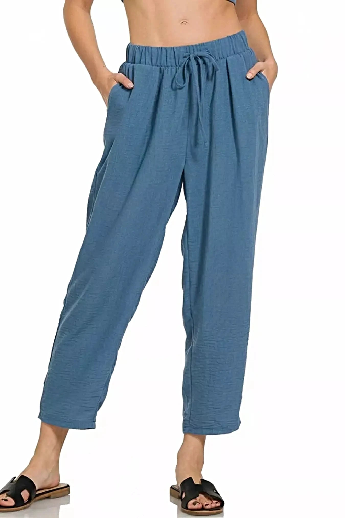 Zenana Woven Crepe Elastic Band Waist Pants -