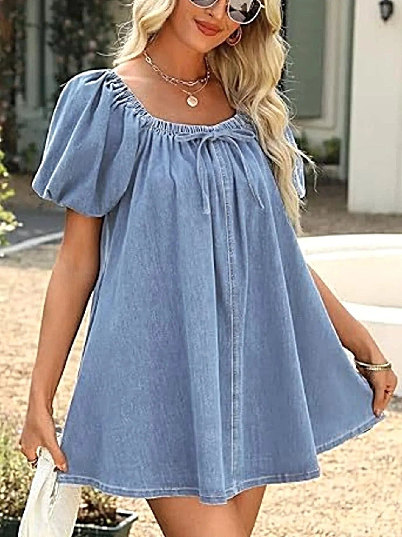 Off-Shoulder Tie-Front Denim Dress -