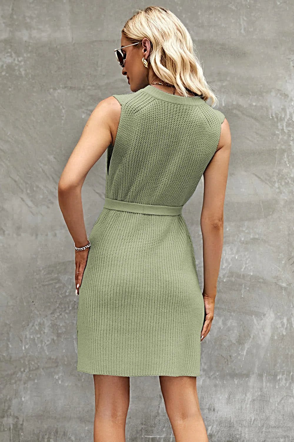 Luxury Tied Round Neck Sleeveless Sweater Dress with Slit – 100% Acrylic & Slightly Stretchy Comfort Trendsi