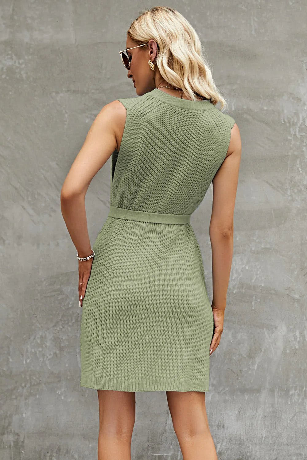 Luxury Tied Round Neck Sleeveless Sweater Dress with Slit – 100% Acrylic & Slightly Stretchy Comfort Trendsi
