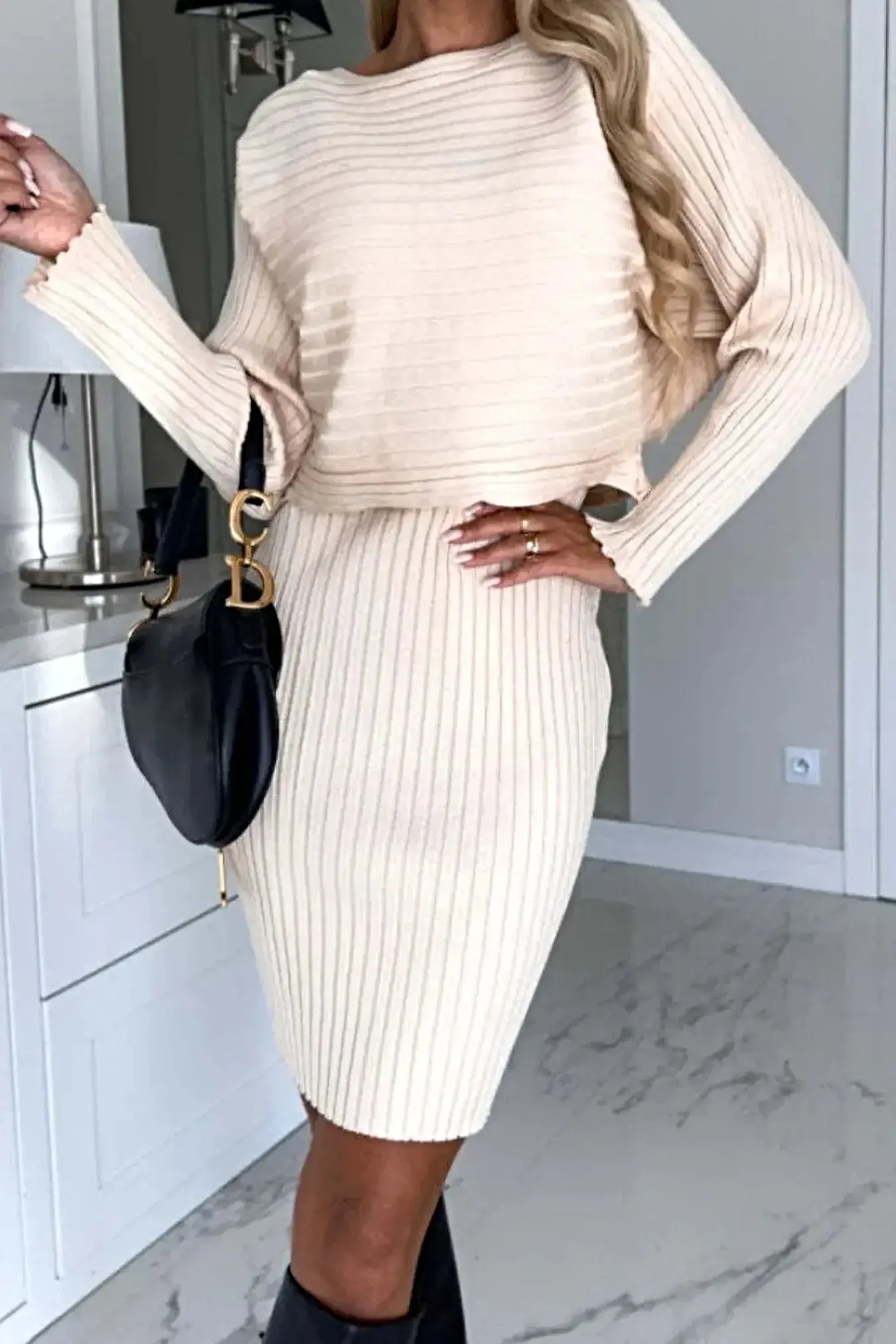 Ribbed Round Neck Top and Cami Dress Sweater Set -